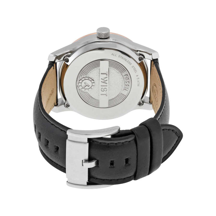 Caseback view of Fossil Twist watch showing transparent case back and black leather strap