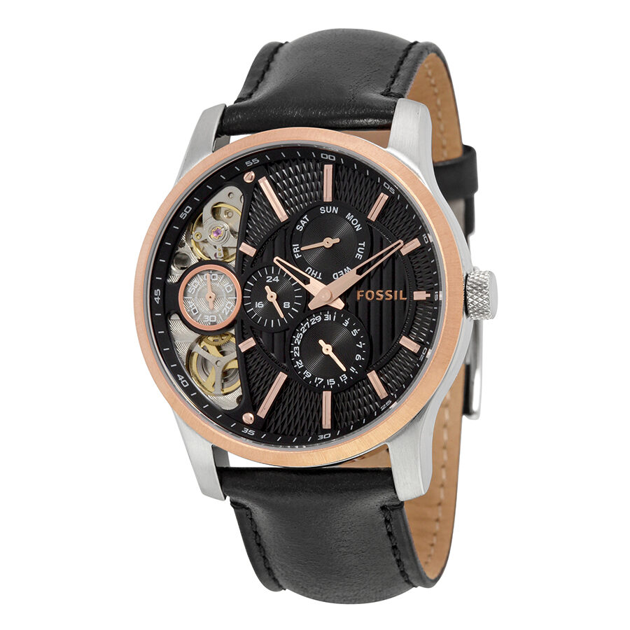 Fossil Twist multi-function men's watch with black dial, rose gold bezel, visible automatic movement, and black leather strap