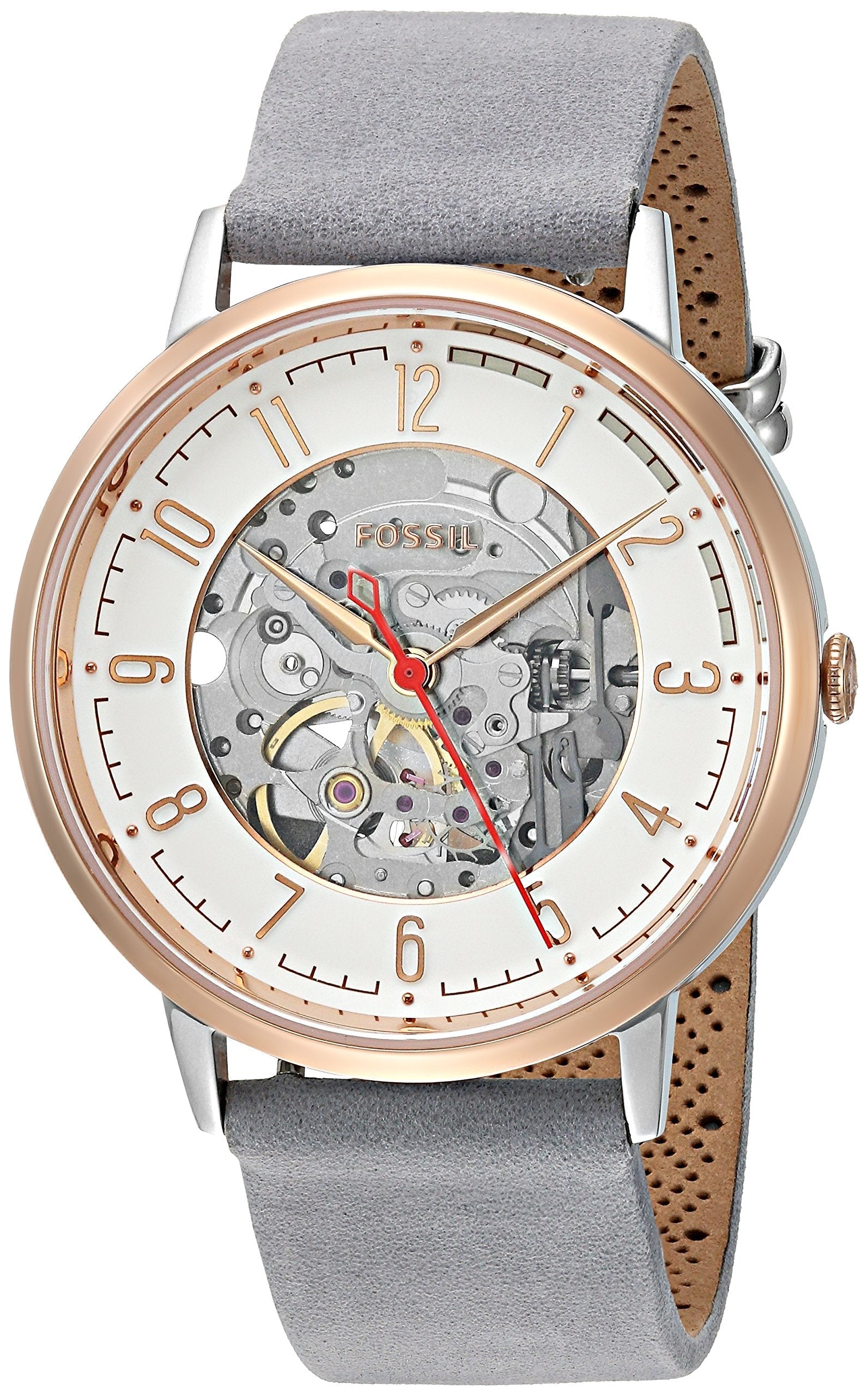 Three-quarter view of Fossil Vintage Muse skeleton watch showing dial and suede leather strap