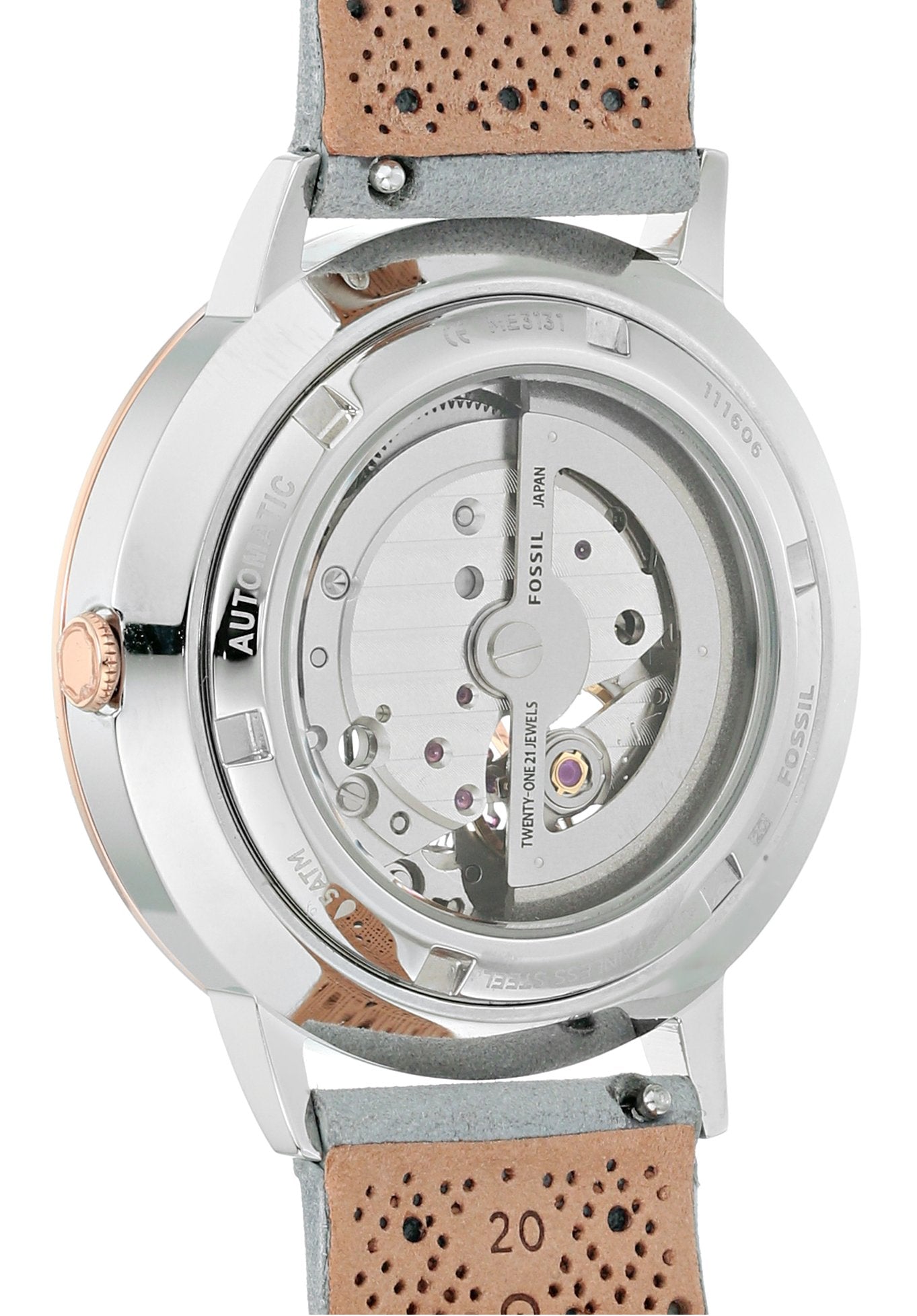 Caseback of Fossil Vintage Muse showing automatic movement visible through transparent display