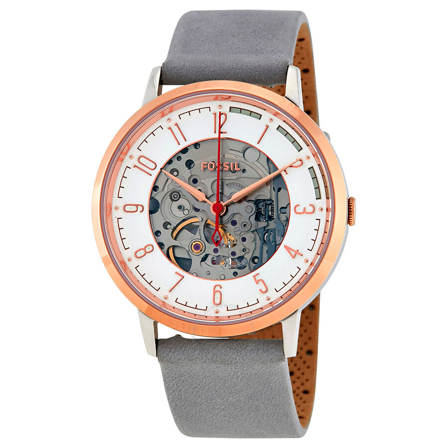 Fossil Vintage Muse automatic skeleton watch front view with rose gold case