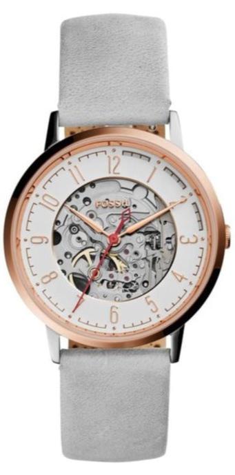 Fossil Vintage Muse automatic skeleton watch with white dial and grey leather strap
