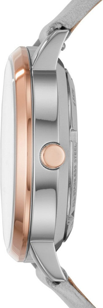 Side profile of Fossil Vintage Muse watch case with rose gold and steel elements