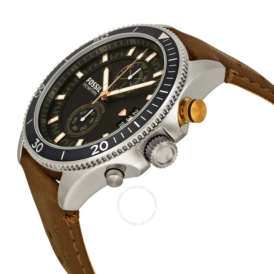 Fossil Wakefield chronograph watch angled view highlighting pushers and leather strap