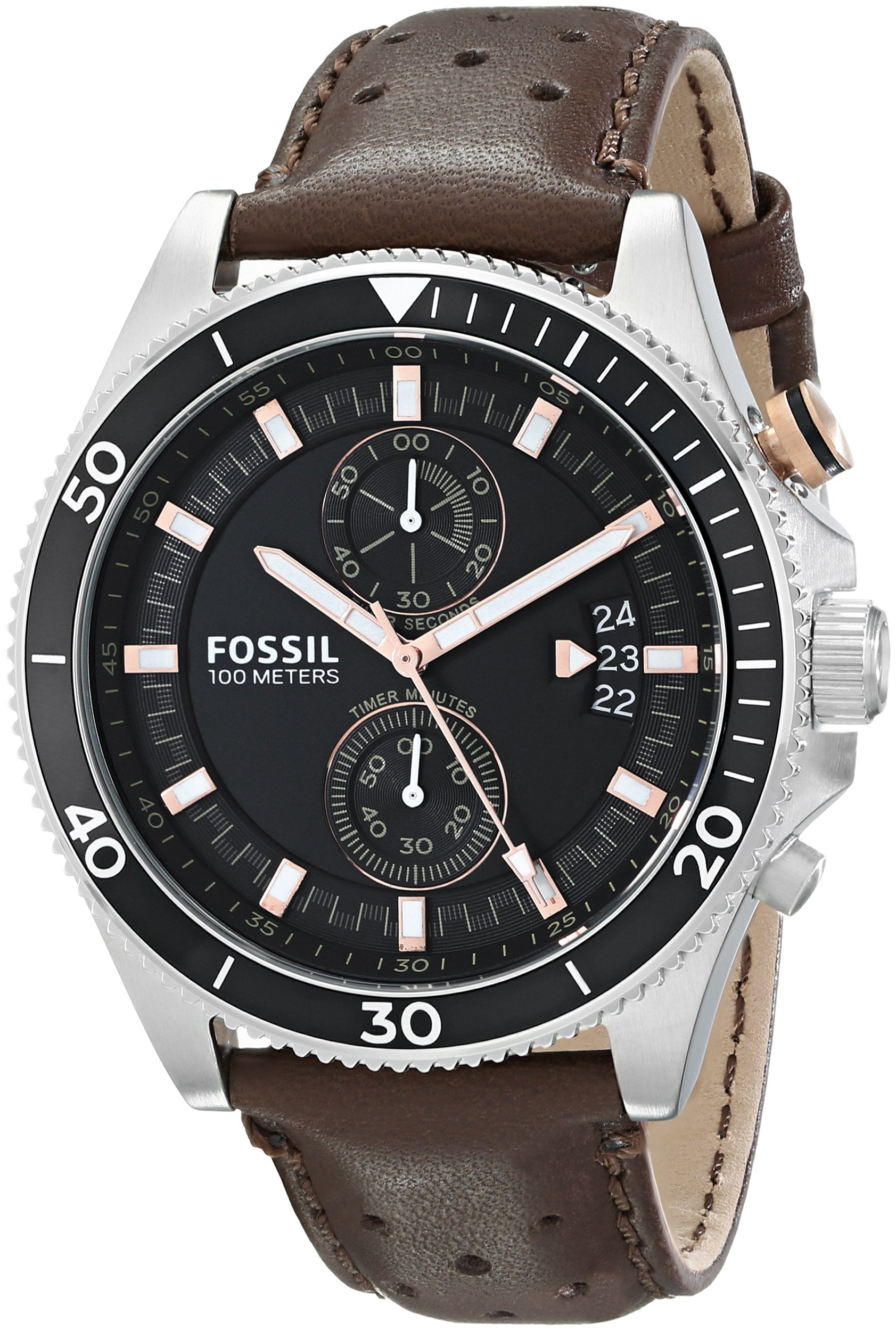 Fossil Wakefield chronograph watch angled view showing dial and leather strap
