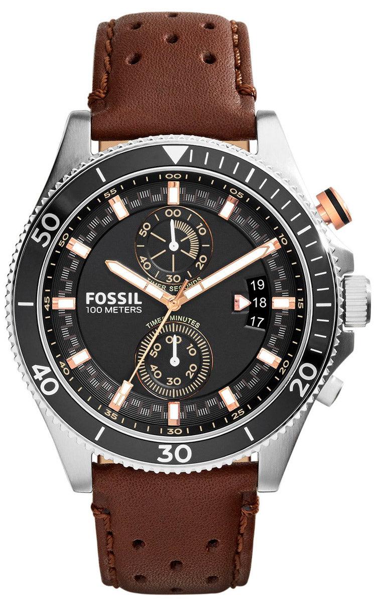 Fossil Wakefield chronograph men's watch with black dial and brown leather strap