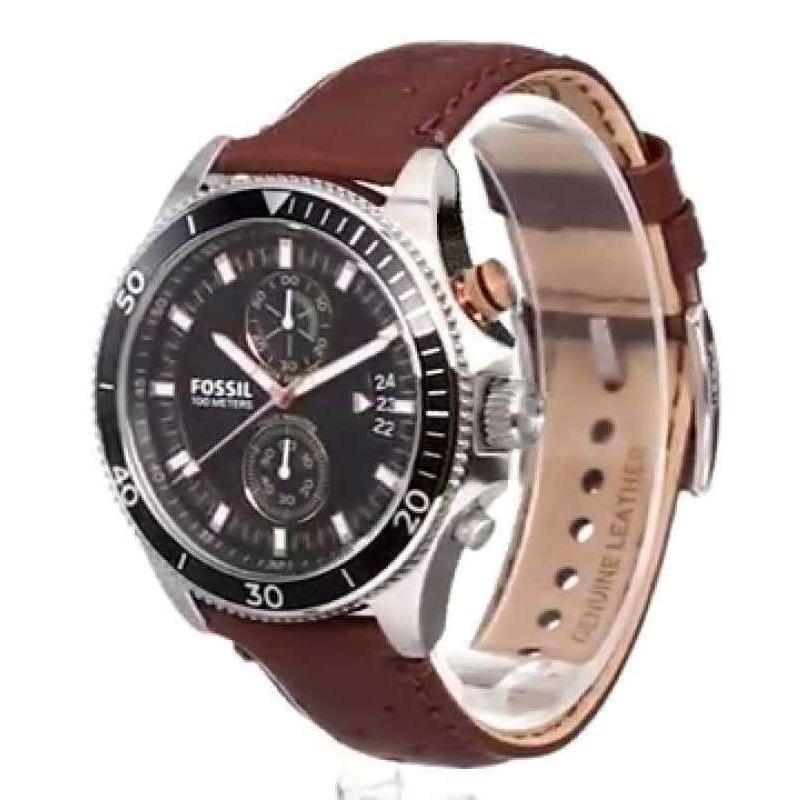 Fossil Wakefield chronograph watch side profile with brown leather band visible