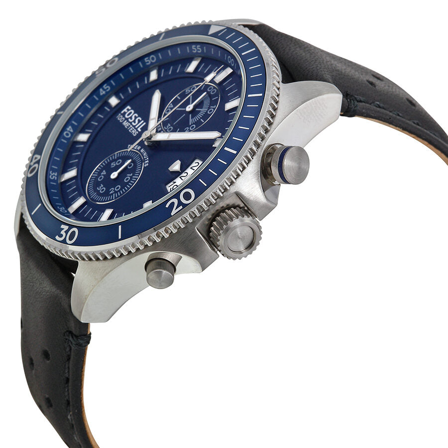 Fossil Wakefield Chronograph side angle view showing chronograph pushers and black leather strap
