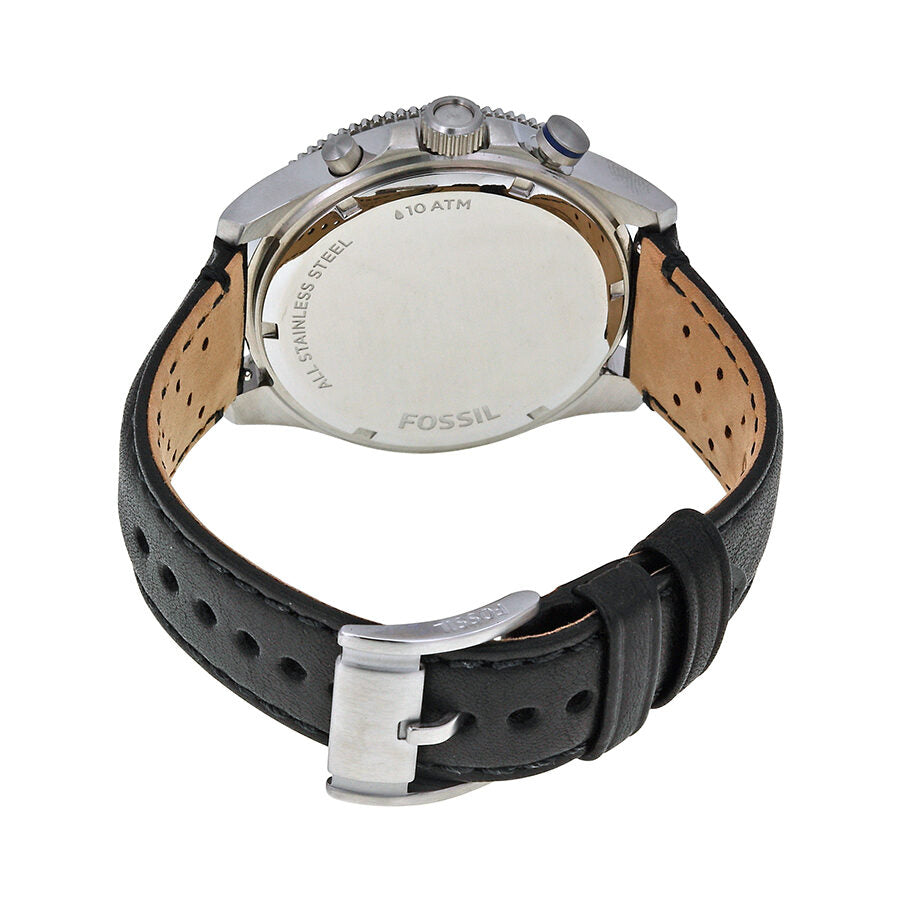 Fossil Wakefield Chronograph caseback showing stainless steel back, water resistance rating, and brown leather interior strap