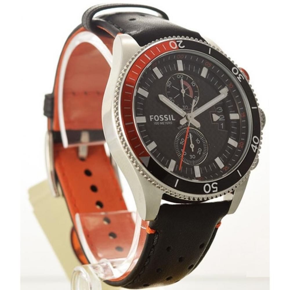 Fossil Wakefield chronograph watch shown at angle with black and orange leather strap