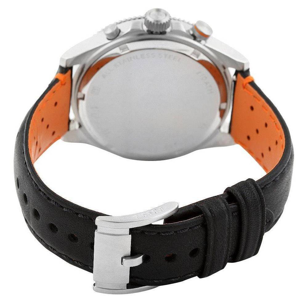 Fossil Wakefield watch case back with stainless steel and orange strap detail