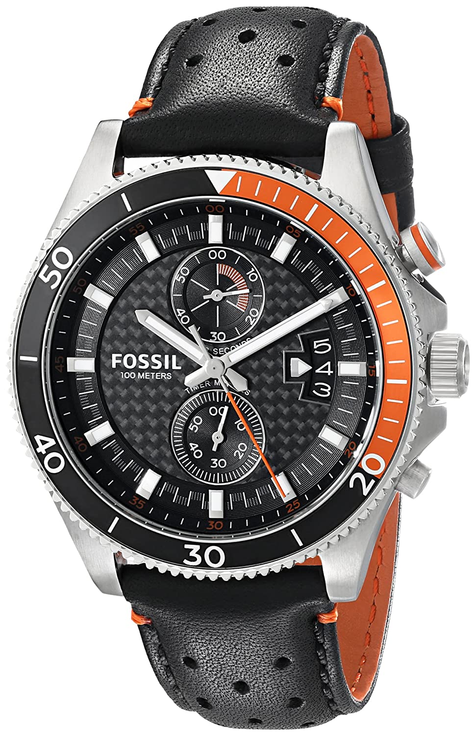 Fossil Wakefield chronograph watch with black dial, orange bezel, and black leather strap
