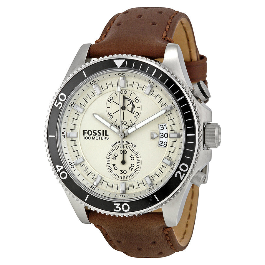 Fossil Wakefield chronograph watch with eggshell dial, stainless steel case, black bezel, and brown leather strap