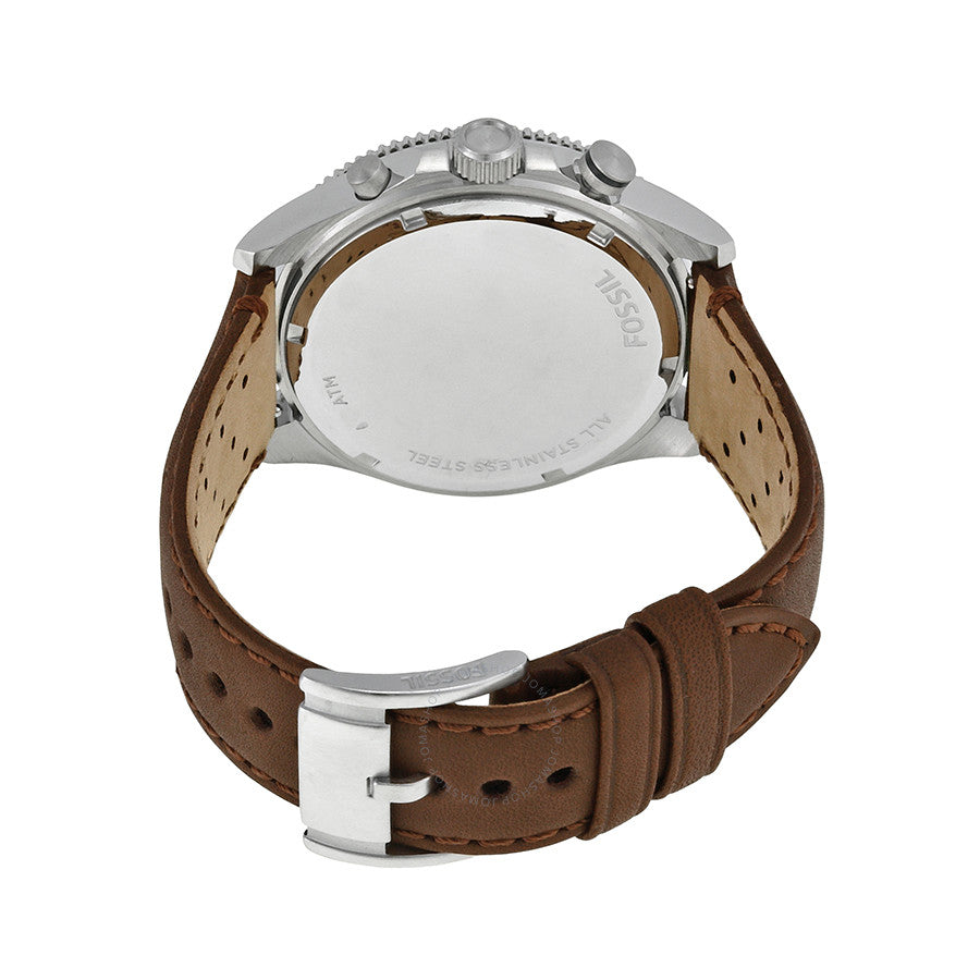 Fossil Wakefield watch caseback showing stainless steel back and brown leather strap