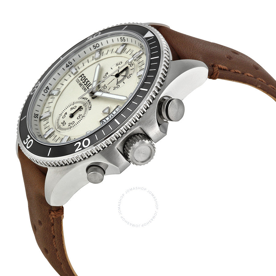 Fossil Wakefield chronograph angled view showing eggshell dial, chronograph subdials, and pushers