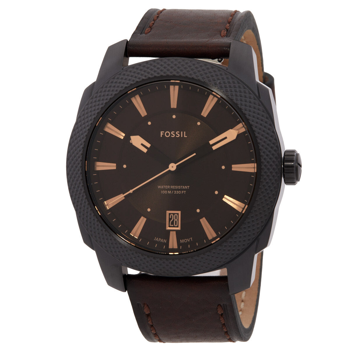 Fossil Machine quartz watch with dark brown dial, date window, and brown LiteHide leather strap