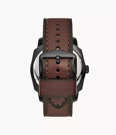 Fossil Machine watch case back with brown leather strap and black hardware