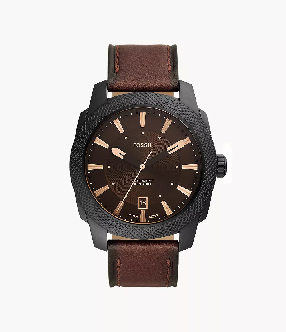 Fossil Machine dark brown dial watch with black case, rose gold indices, and brown leather strap