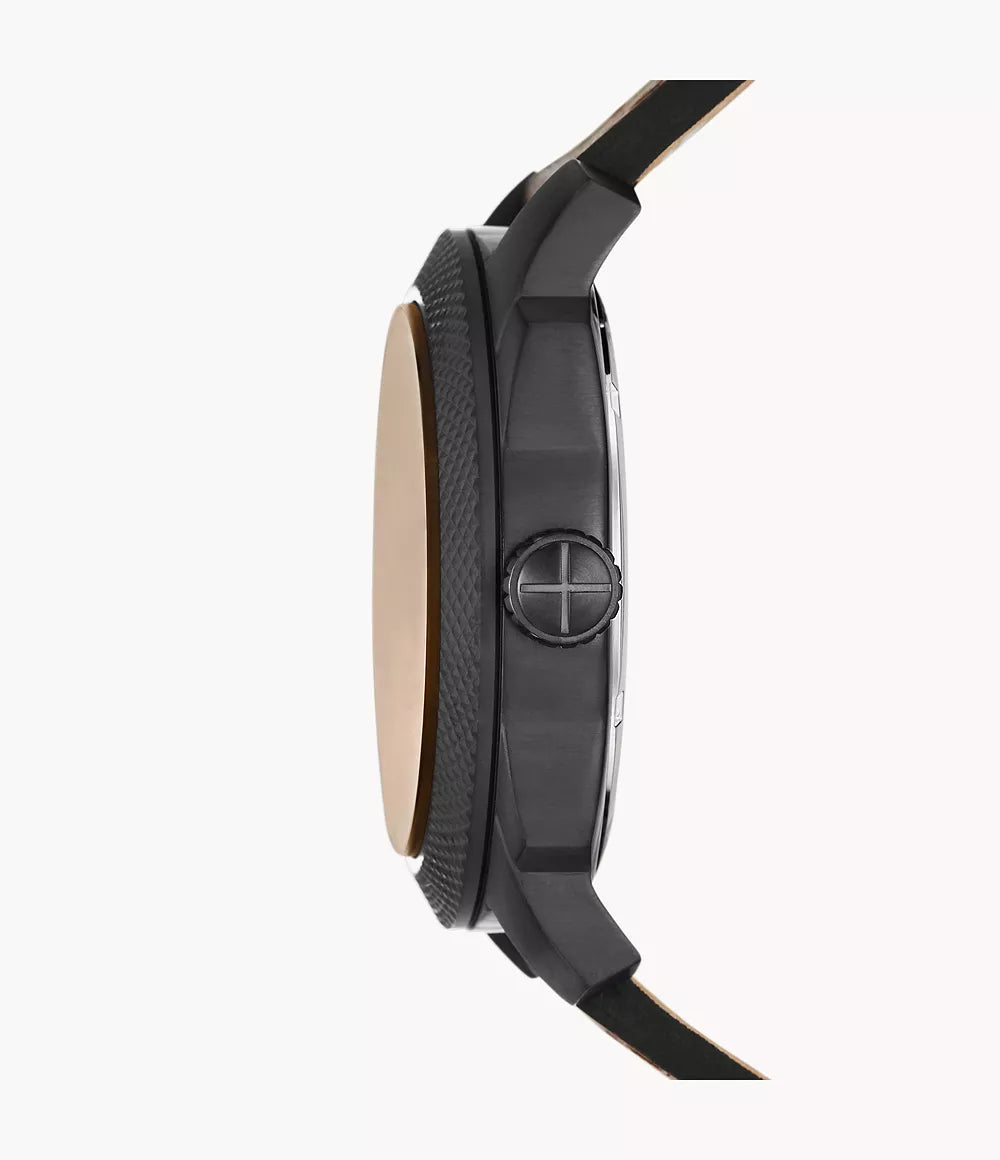 Fossil Machine watch side view showing black case profile and leather strap