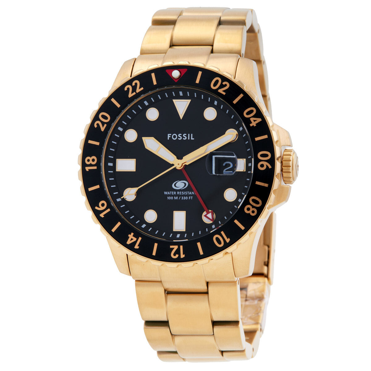 Fossil Blue GMT watch showing black dial, date window, and gold bracelet