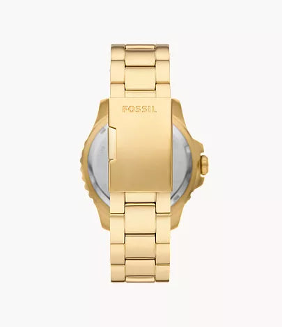 Fossil Blue GMT watch caseback showing engraved brand name and brushed gold-tone finish