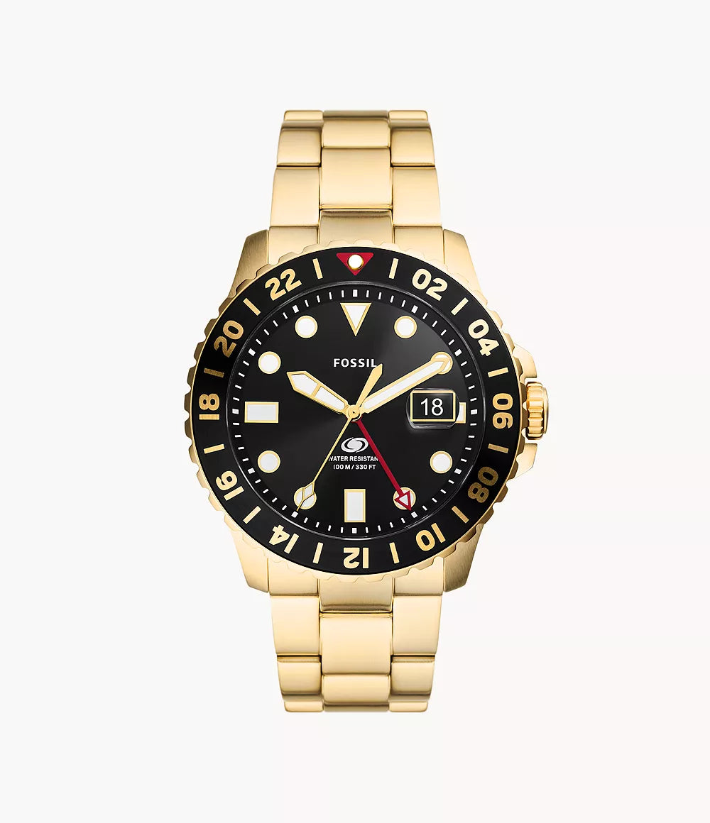 Fossil Blue GMT men's watch with black dial and gold-tone stainless steel case