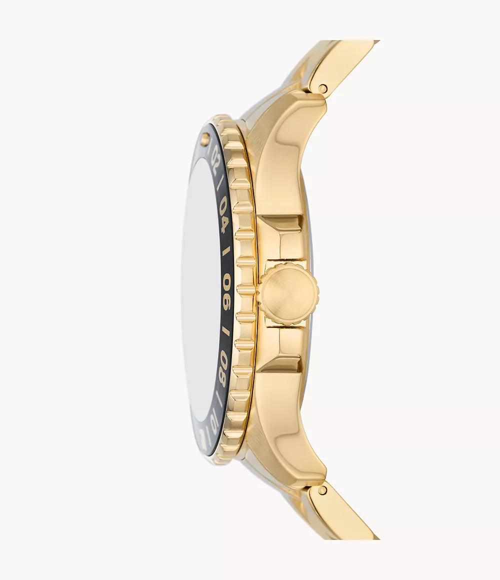 Fossil Blue GMT watch side profile showing case thickness, bezel, and bracelet