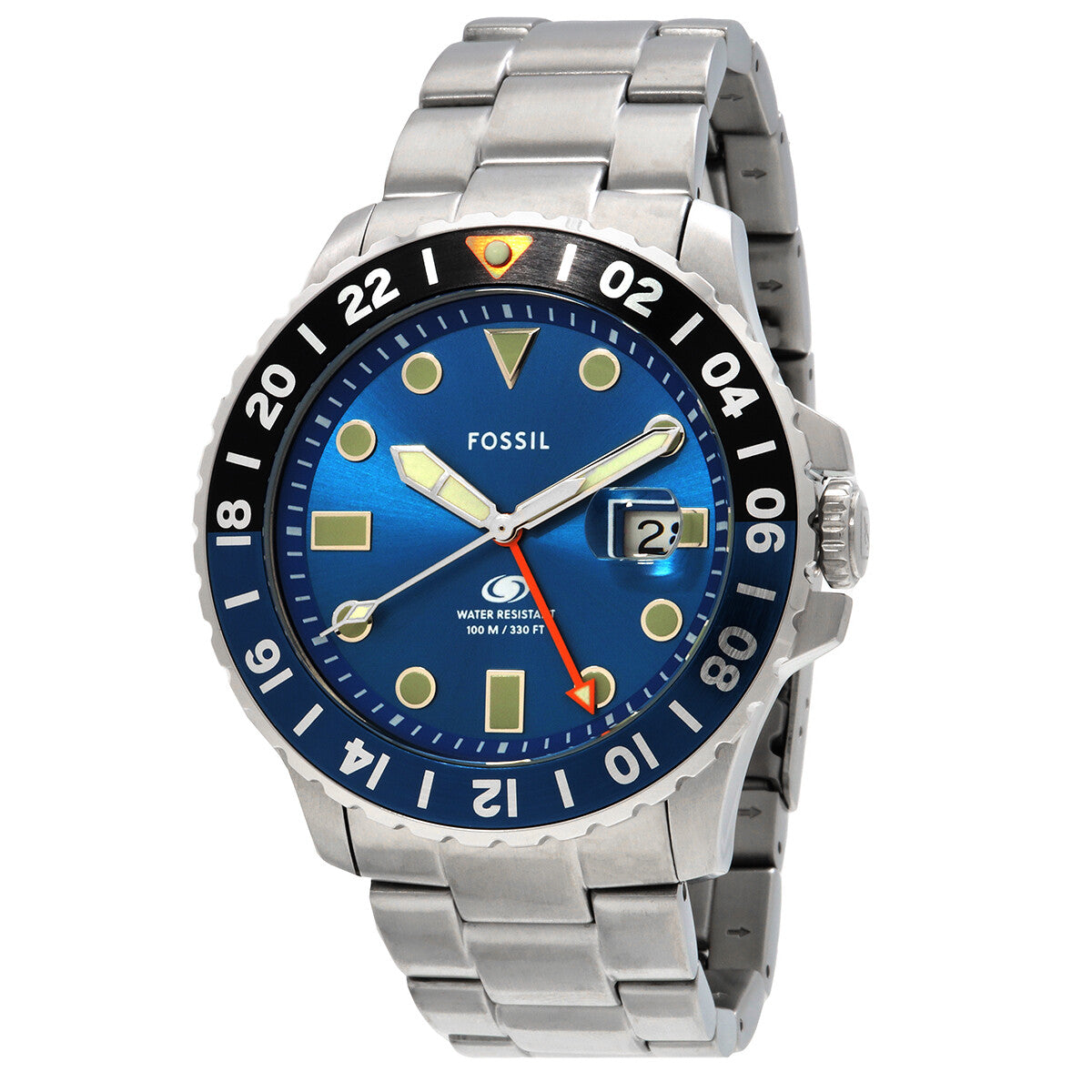 Fossil FS5991 Blue GMT watch angled view showing dial details and bracelet