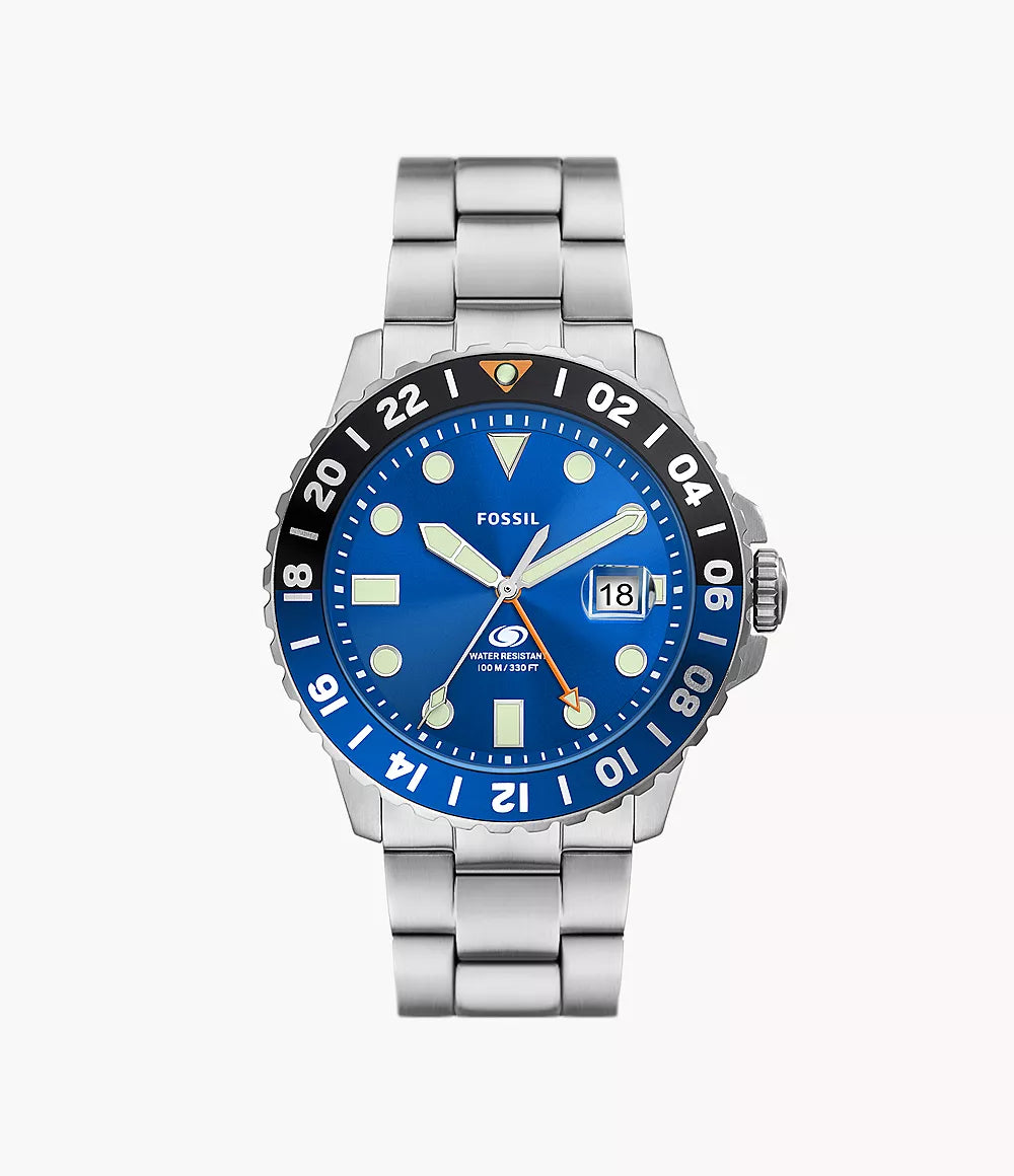 Fossil Blue GMT stainless steel men's watch with blue dial and black bezel