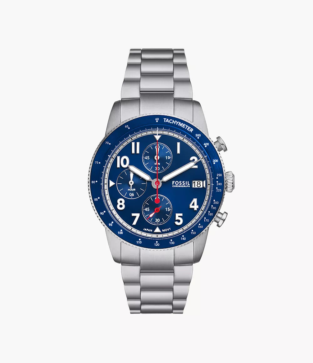 Fossil Sport Tourer Chronograph men's watch with blue dial and stainless steel strap