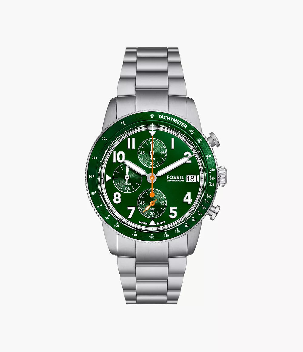 Fossil Sport Tourer chronograph watch with green dial and silver steel bracelet