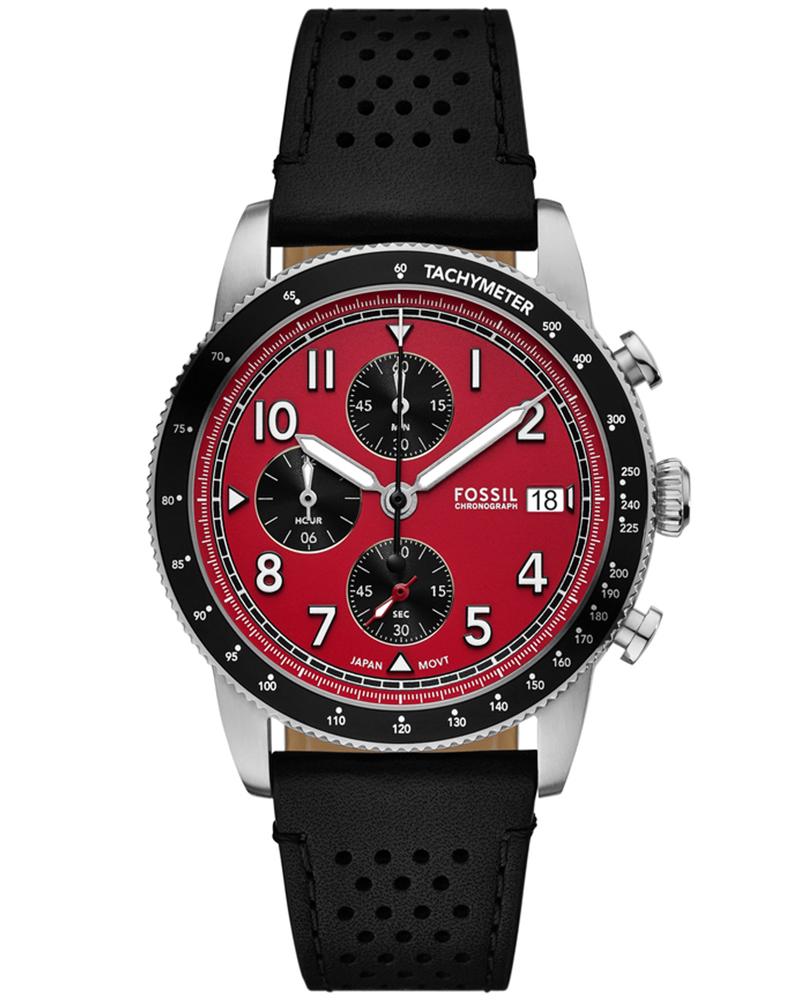 Fossil SPORT TOUR red chronograph dial with tachymeter bezel, black rubber strap