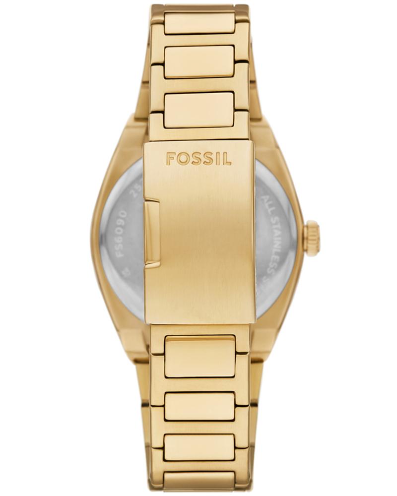 Caseback view of Fossil Everett watch with gold-tone stainless steel bracelet