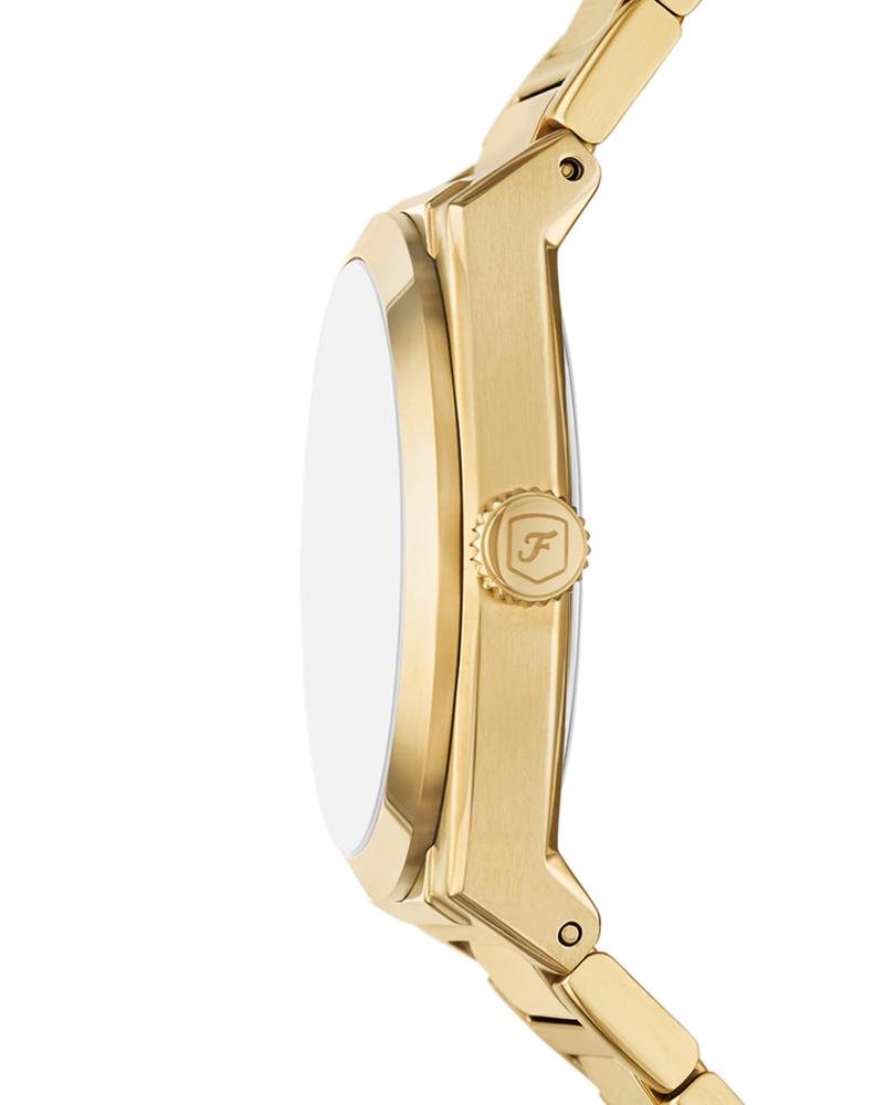 Side view of Fossil Everett watch showing gold-tone case and Fossil crown