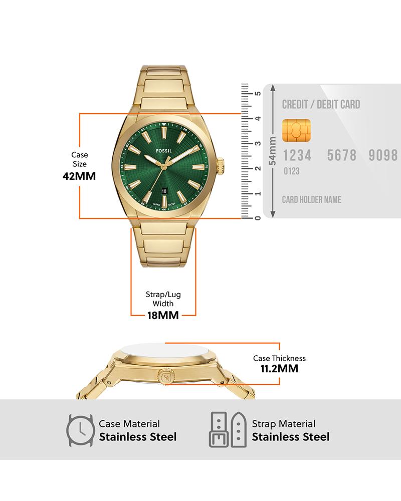 Fossil Everett watch specifications showing 42MM case size, 18MM strap width, stainless steel materials