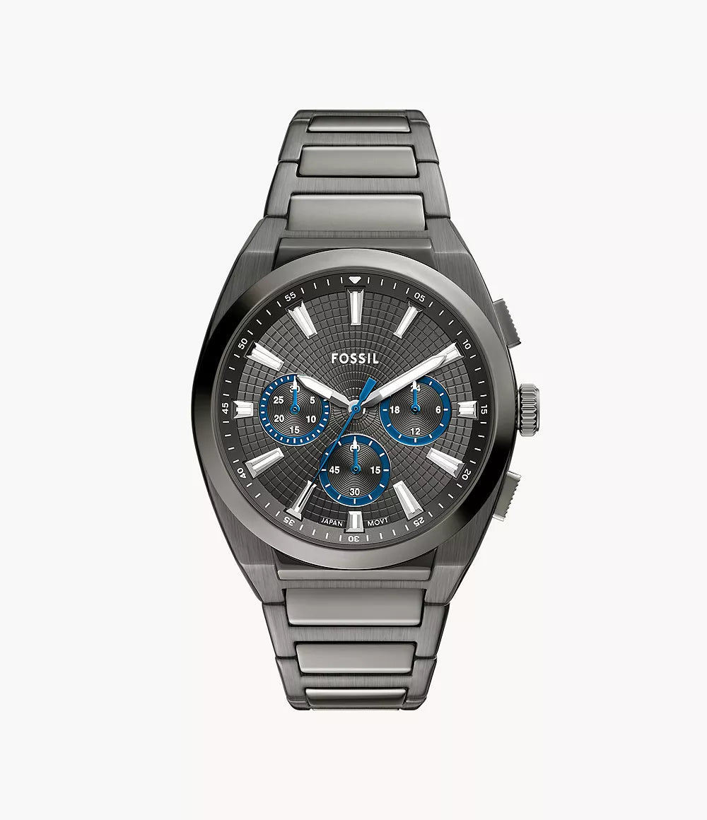 Fossil Everett Chronograph smoke stainless steel watch with blue subdials front view
