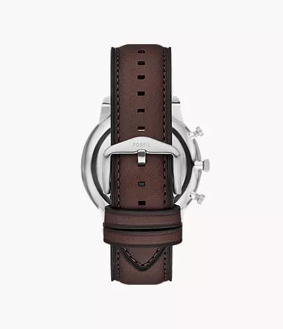 Fossil Neutra chronograph watch caseback showing brown leather strap with stitching