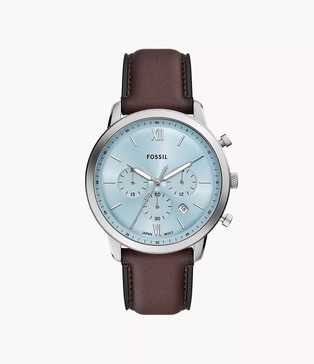 Fossil Neutra chronograph watch with light blue dial, silver case, and brown leather strap