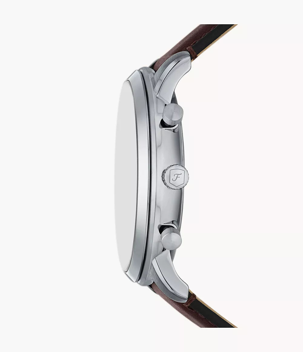 Fossil Neutra chronograph watch side profile showing silver case thickness