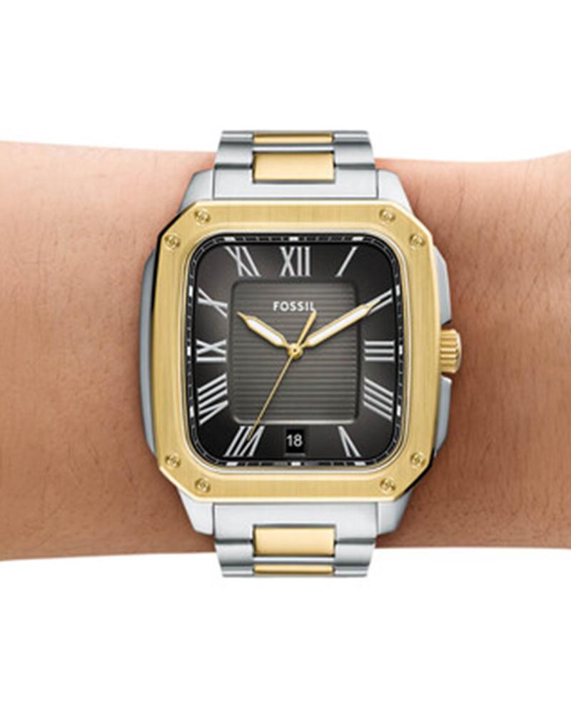 Fossil Crosby watch on wrist showing two-tone bracelet and square black dial