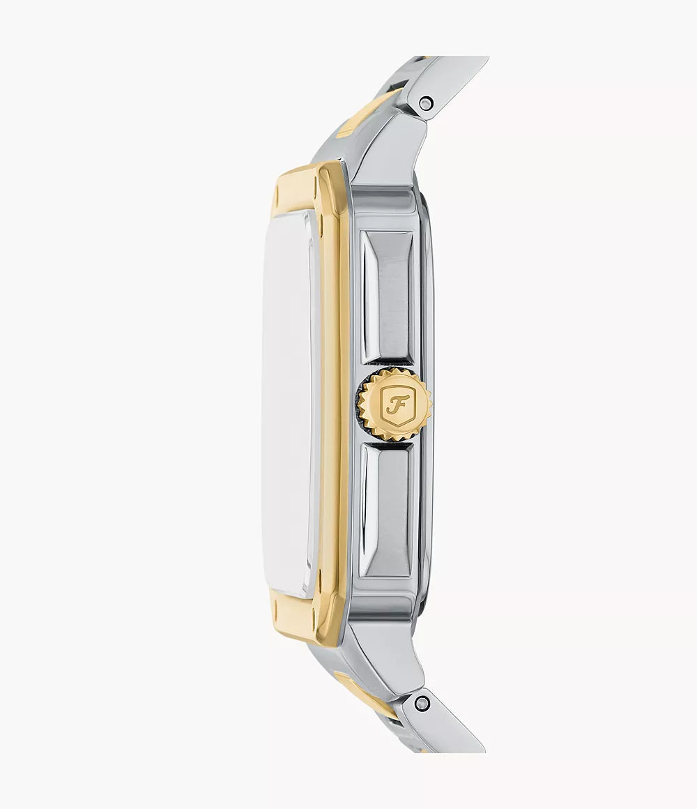Side profile of Fossil Crosby watch displaying case thickness and two-tone design