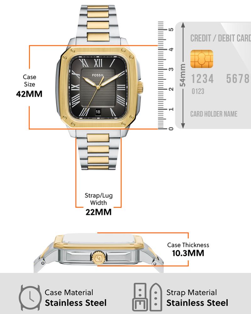 Fossil Crosby specifications showing 42mm case, 22mm strap width, 10.3mm thickness