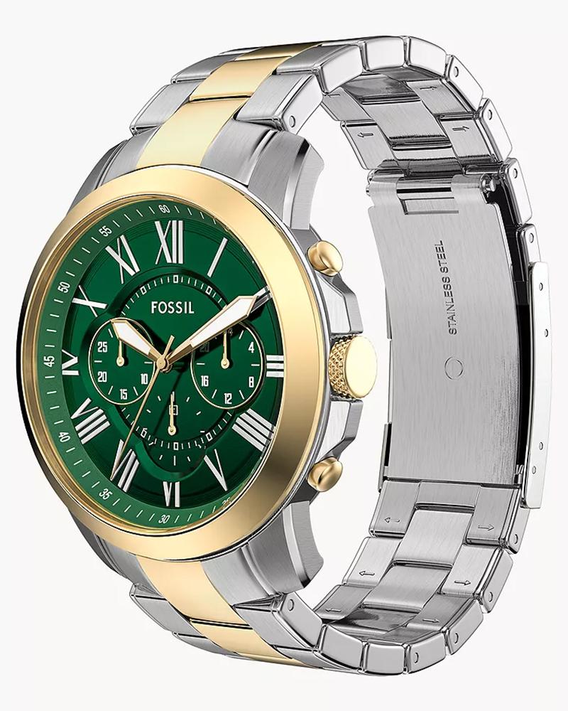 Grant chronograph side view showing two-tone stainless steel bracelet and case profile