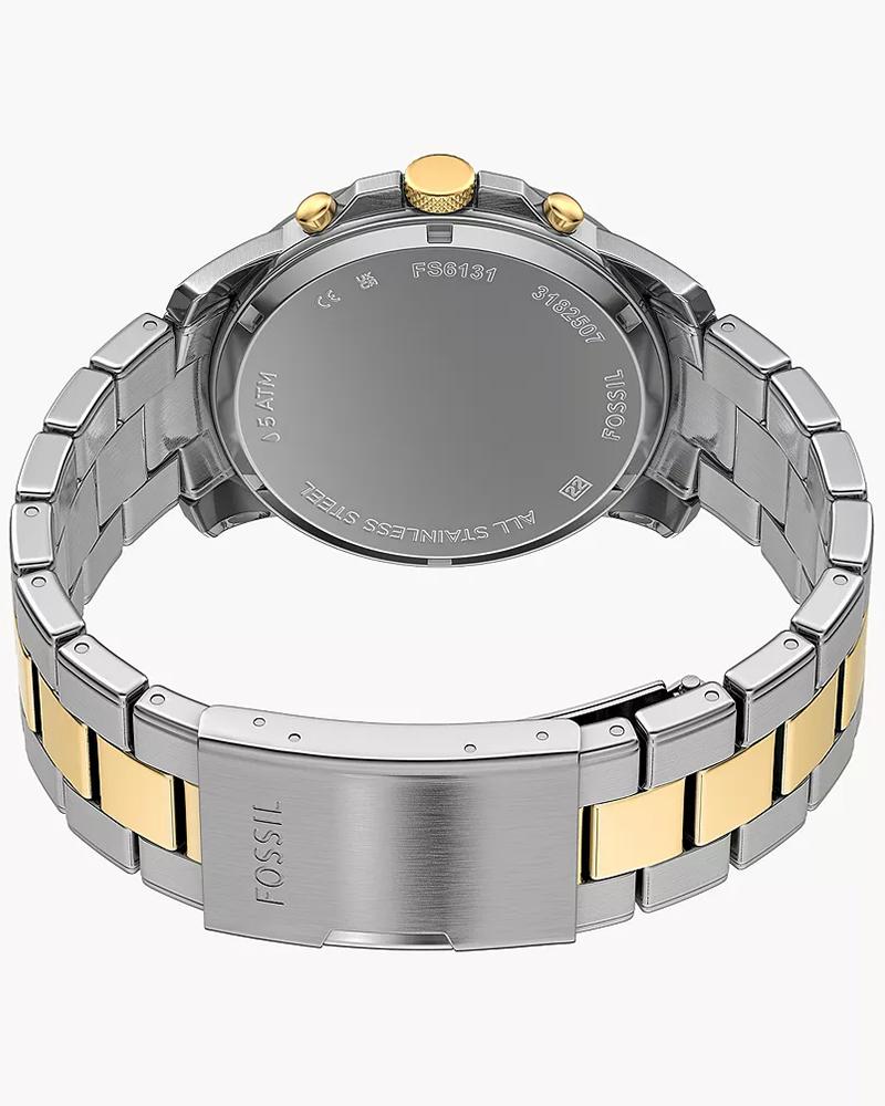 Grant watch caseback showing stainless steel and gold-plated bracelet links