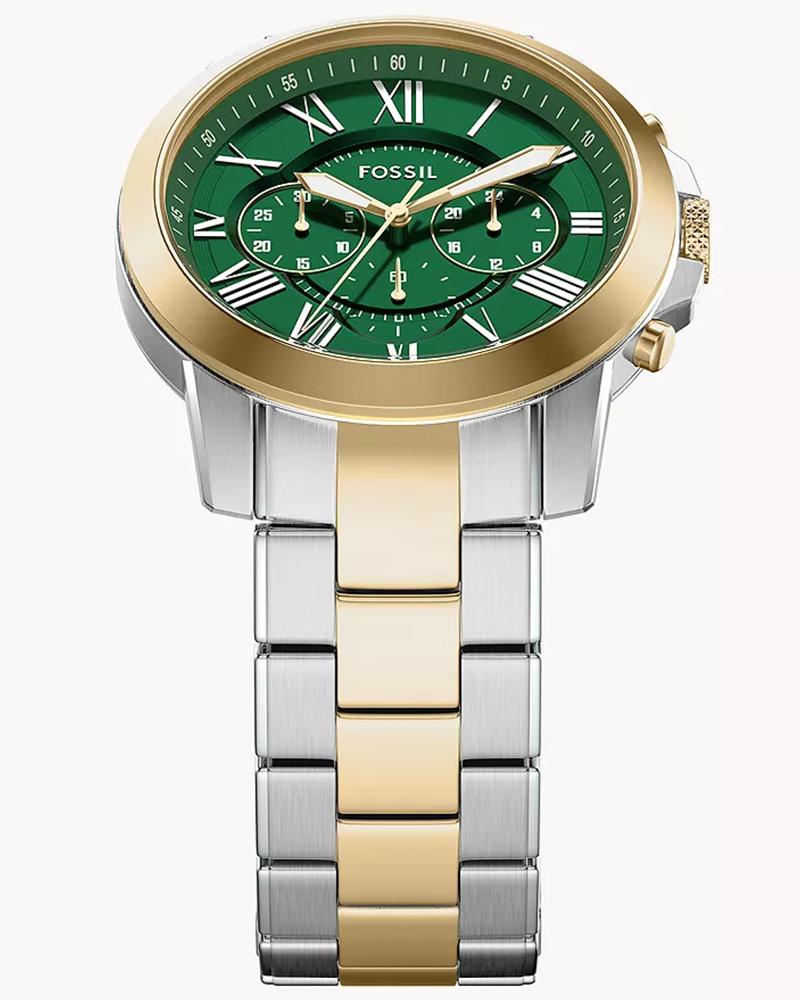 Grant chronograph front view with two-tone case, green dial, and Roman numeral markers