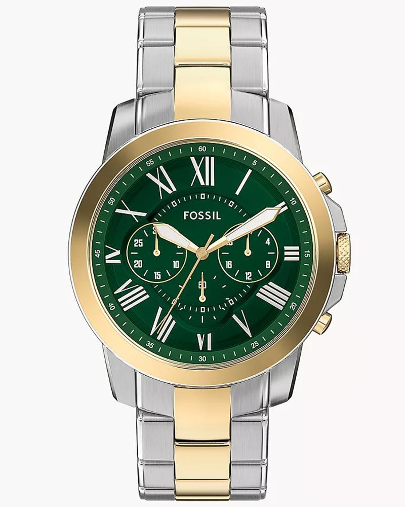 Fossil Grant chronograph watch with two-tone case and green dial with Roman numerals