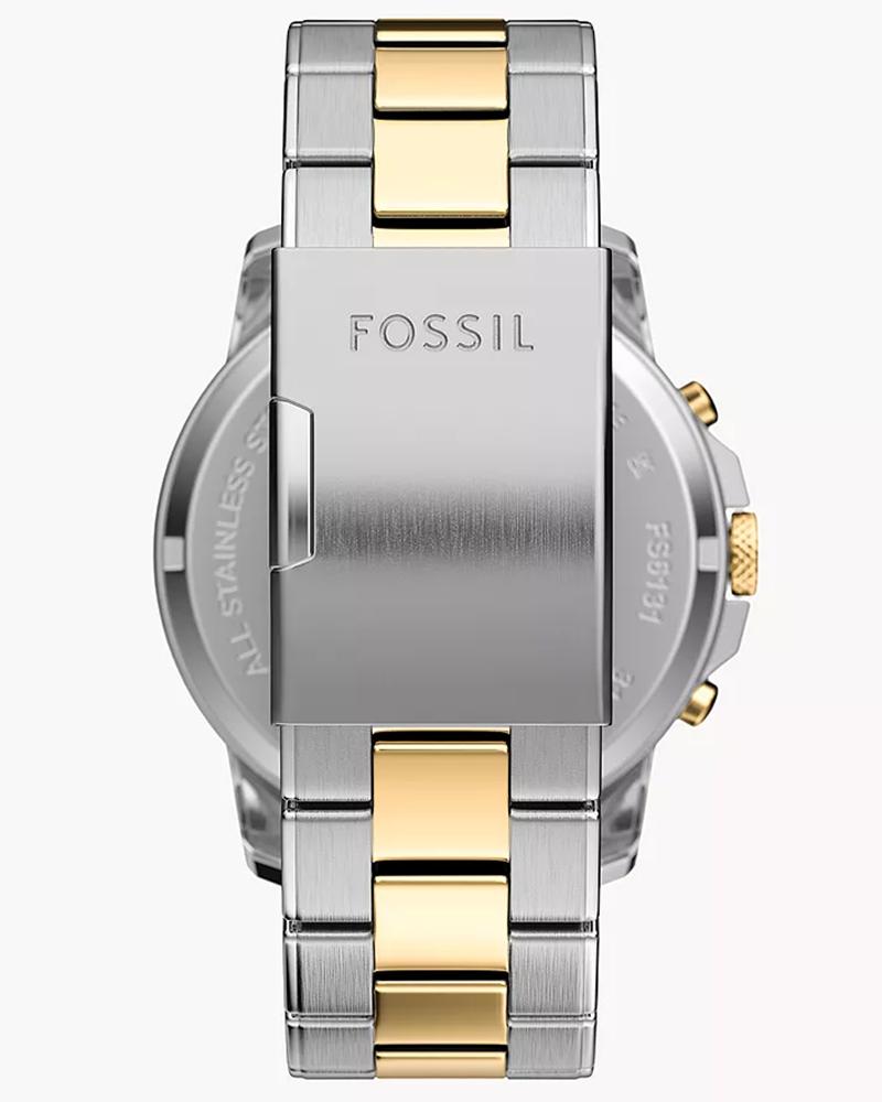 Grant watch rear view showing Fossil branding and two-tone bracelet construction