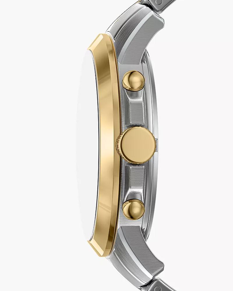 Grant watch side profile showing gold-plated case and steel bracelet with chronograph pushers