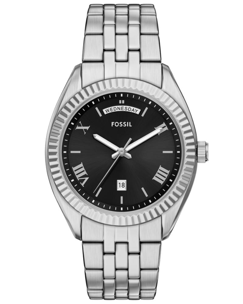 Fossil Campbell stainless steel watch with black dial, day-date window, Roman numerals, and fluted bezel