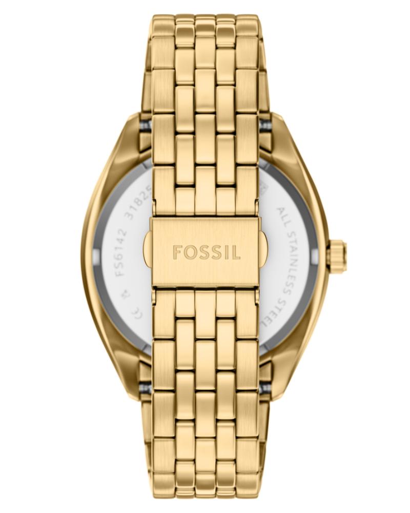 Campbell watch caseback showing transparent display and Fossil branding on stainless steel